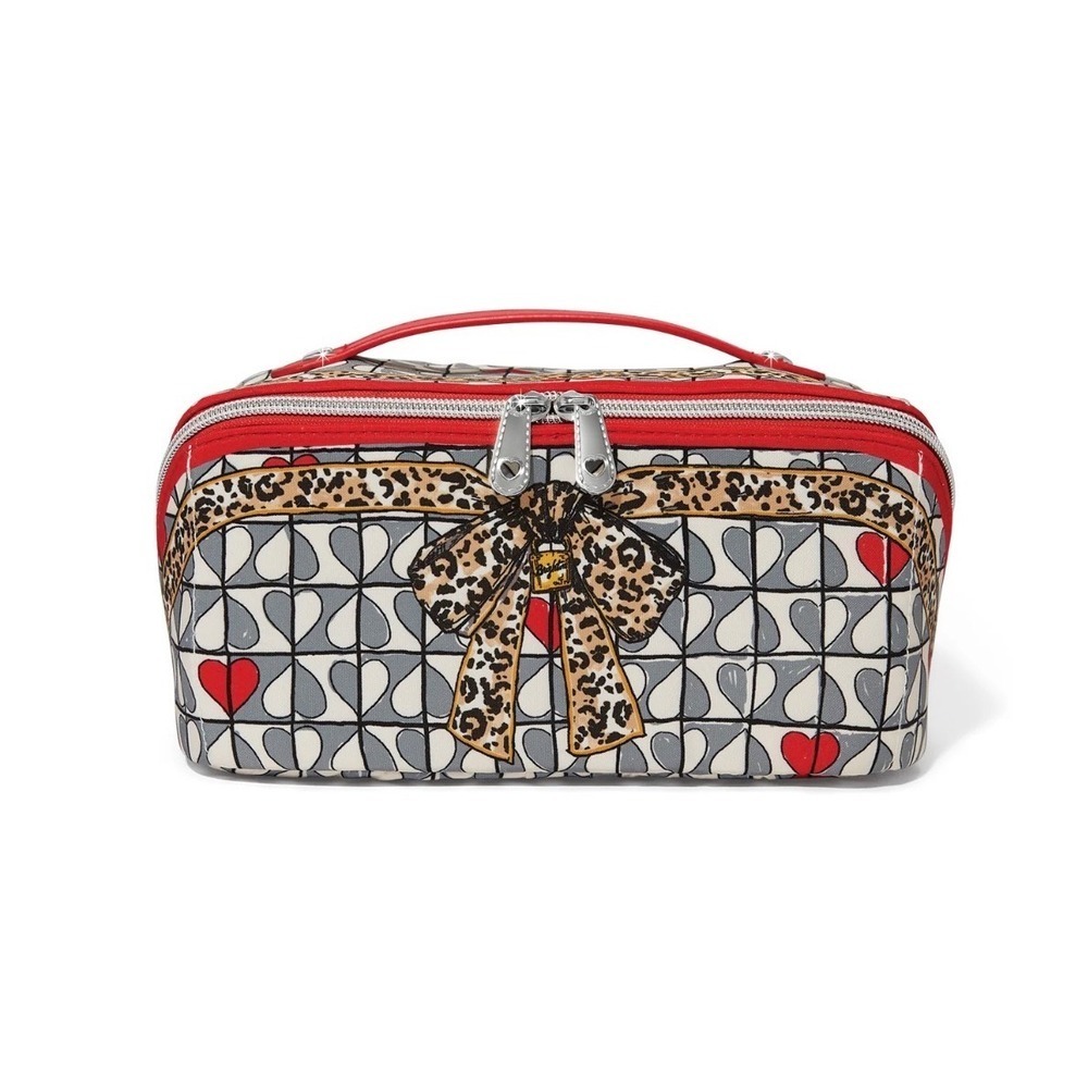 Brighton Wild Love Cosmetic Bag Train Case Red Handle Heart Print Leopard